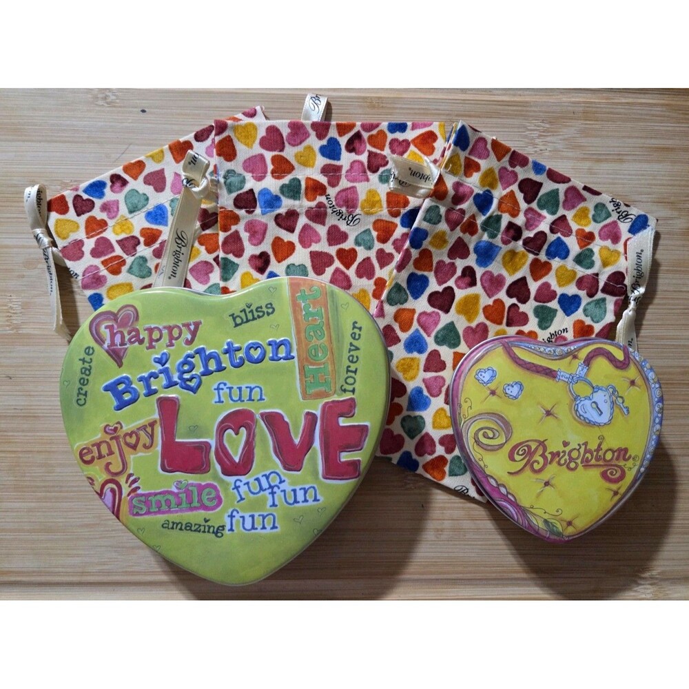 Brighton Drawstring Fabric Jewelry Pouch  Gift Bag Hearts 3 Bags + 2 Heart Tin
